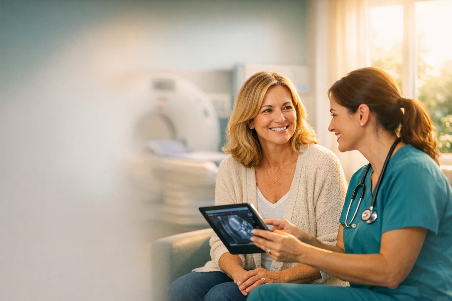 Radiologist showing imaging results to a patient at Advanced Medical Imaging in Seminole, FL